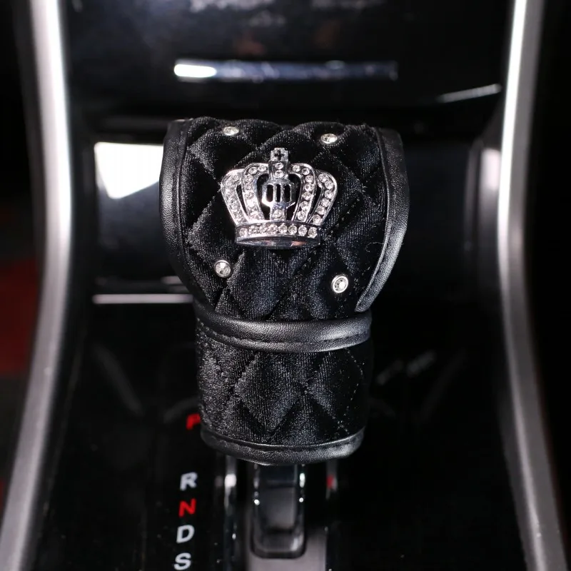 Зимний мягкий плюшевый чехол для автомобиля с хрустальной короной, чехол для ручного тормоза, ручка переключения передач, крышка для стайлинга автомобиля, аксессуары для интерьера - Название цвета: black gear cover
