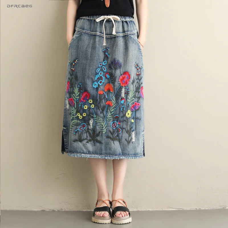 Большой размер, женская джинсовая юбка макси с вышивкой,, летняя уличная одежда с эластичной резинкой на талии, винтажные джинсовые юбки-карандаш, Saia Femme