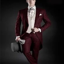 Утро Стиль Костюмы для жениха смокинги Пик нагрудные Для мужчин костюм бордовый дружки best человек Нарядные Костюмы для свадьбы(куртка+ брюки+ жилет