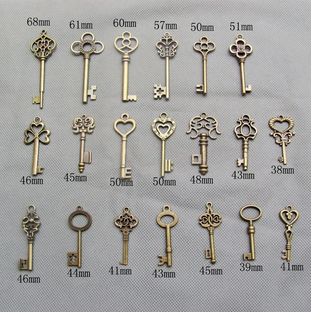 40Pcs Vintage Bronze Skeleton Key Charms Antique Alloy Keys 34mm-68mm Old Fashion Pendant Set image 2