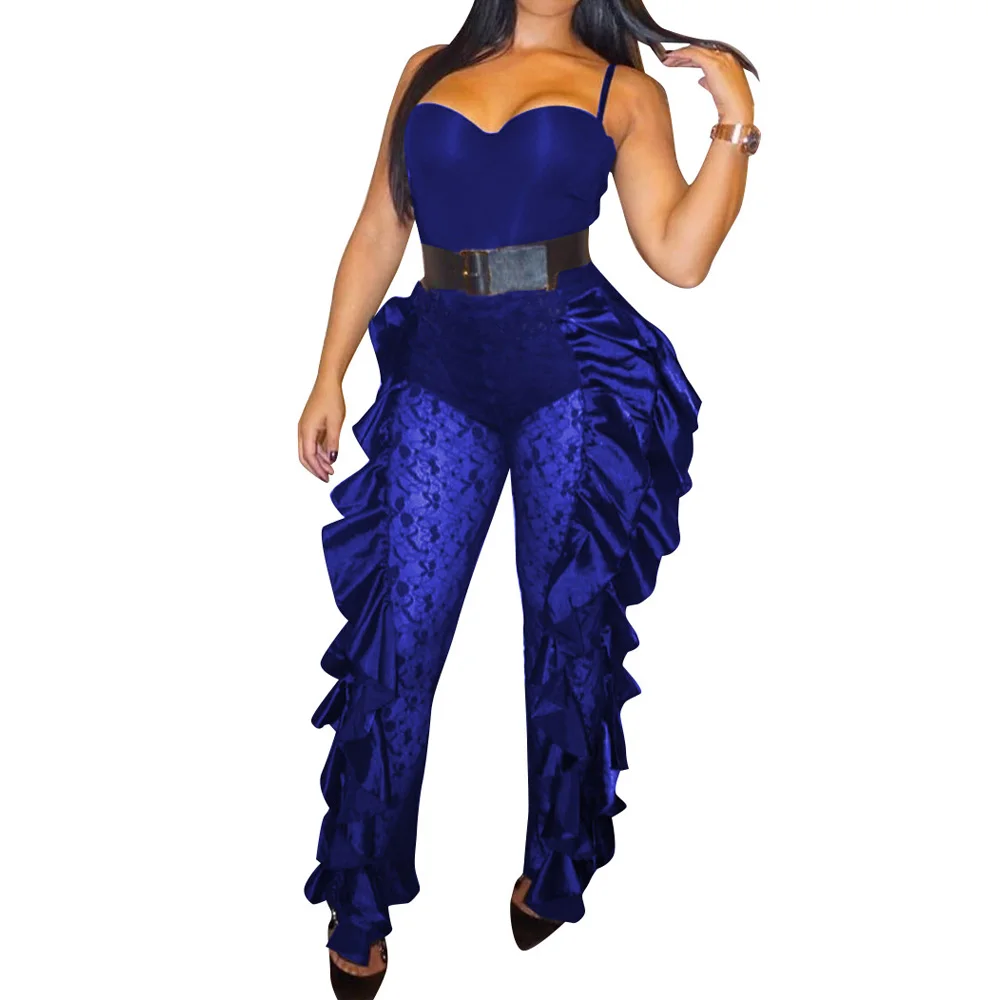 Sexy Off Shoulder Lace Patchwork Jumpsuit Women See Through Mesh Ruffles Bodycon Romper Club Party One Piece Jumpsuits Overalls