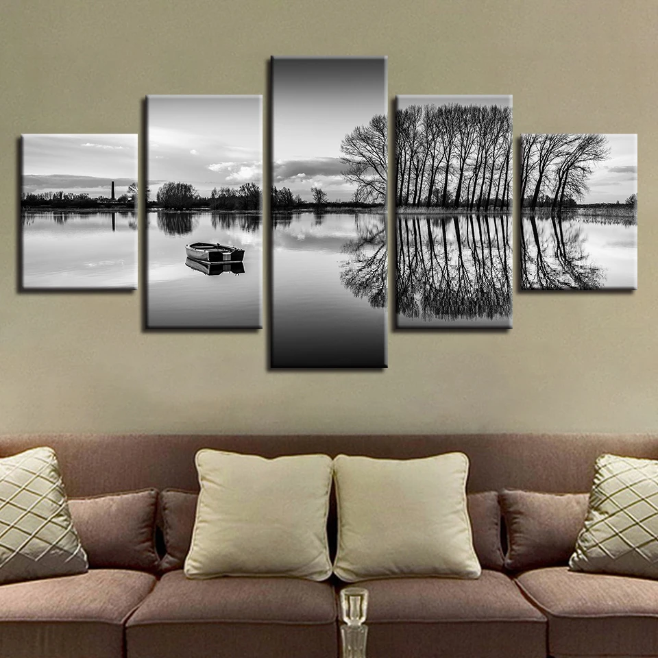 

Canvas Painting Art Modular 5 Pieces Black And White Pictures Ship Lake Tree Landscape Poster HD Printing Decor Living Room Wall