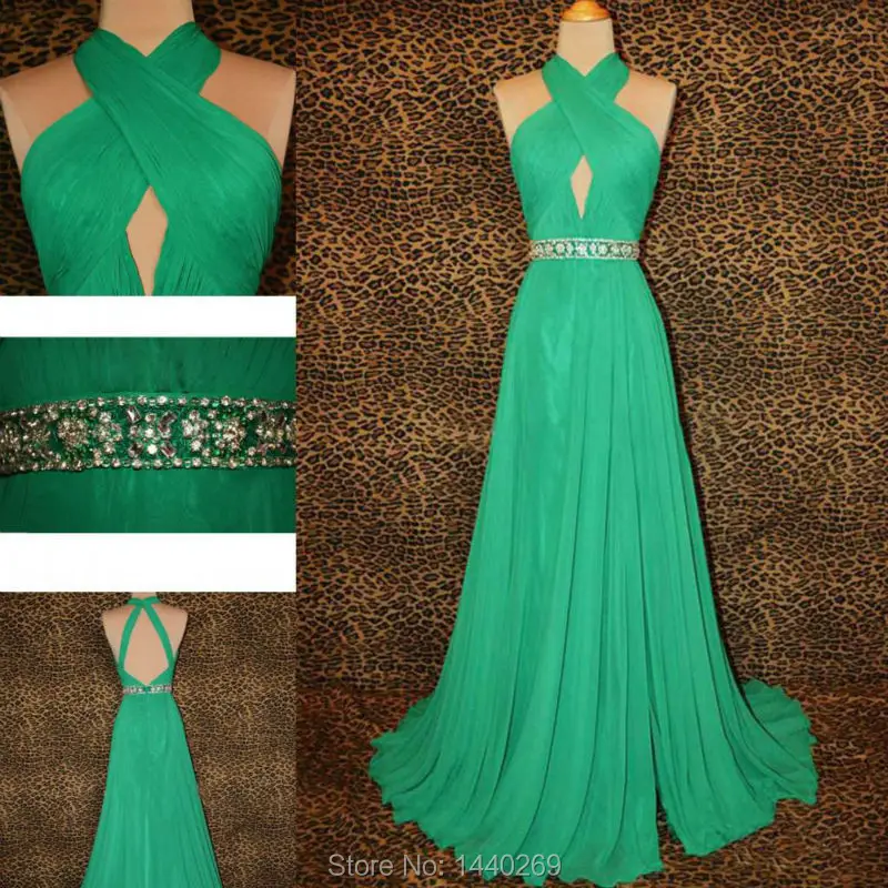 2016 Sexy A Line Halter Criss Cross Beaded Chiffon Emerald Green Party