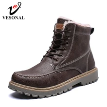 VESONAL Autumn Winter Leather Ankle Snow Men Boots Shoes Motorcycle With Fur Plush Warm Vintage Classic Male Casual booties