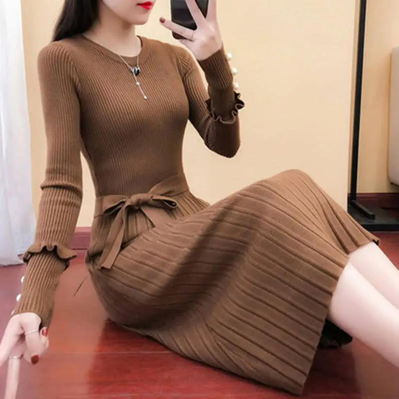 Online Vangull Elegante langarm OL Oansatz Pullover kleid casual frauen Dicken stricken Herbst Winter kleid weibliche Dünne A line grund kleid