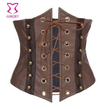 

Front Lace Up Brown Leather Underbust Corset Steampunk Waist Slimming Corsets Waist Trainer Espartilhos E Corpetes Emagrecimento