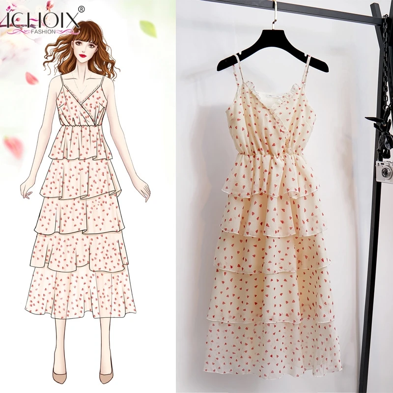 

ICHOIX 2019 Summer Chiffon Dress Printed Ruffles Long Dress Cute v-Neck Printed Sleeveless Beach Dress Strap Boho Women dress