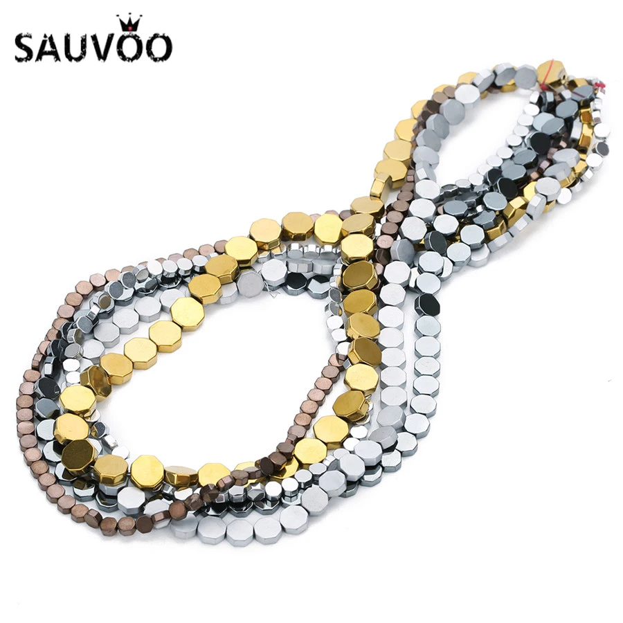 

SAUVOO 1Strand/lot 4 6 8mm Natural Stone Beads Gold Color Octagon Shape Hematite Spacer Beads For DIY Bracelet Jewelry Making