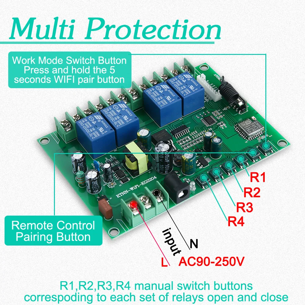 KTNNKG 4CH wifi релейный приемник 110V AC 90-250V& 12V DC7-36V Универсальный основной выключатель питания беспроводной пульт дистанционного управления для умного дома