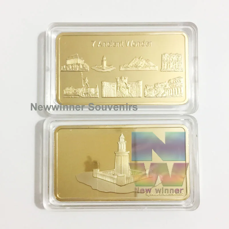 5pcs/lot 1OZ 999 Gold Plated 7 Ancient Wonder Bar Souvenir Gold Coin