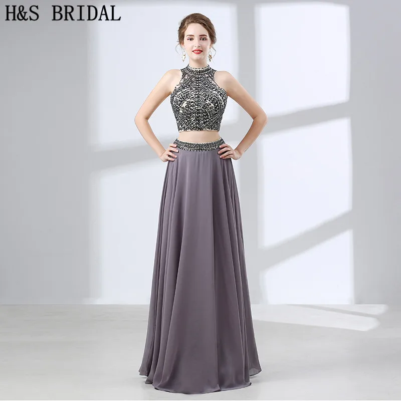 formal dresses & gowns H&S BRIDAL Two pieces Evening Dress Crystal Beading Chiffon evening-dresses Backless evening gowns for women vestido de festa evening wear