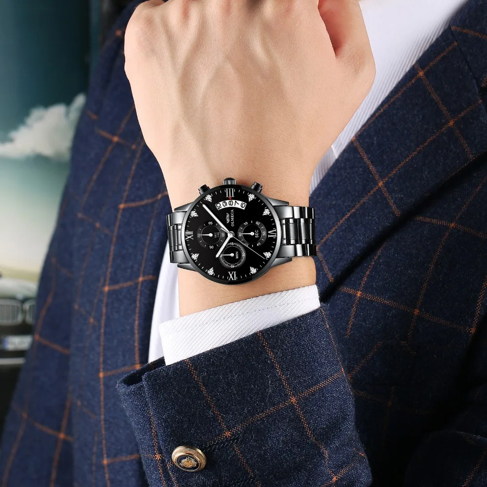  OLMECA Men's Watch Luxury Fashion Stainless Steel Wrist Watches Big Face Military Diamond Black Wat