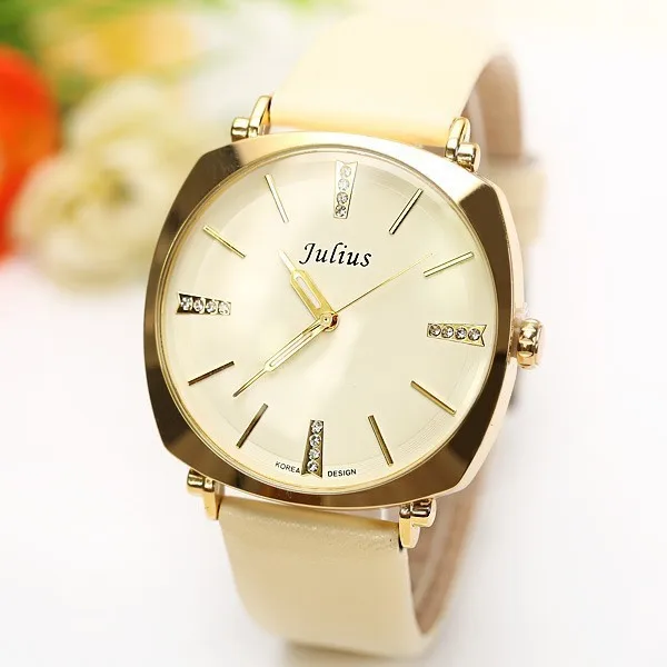 En Ligne 2016 Nouveau Corée Marque Julius Strass Décorer Véritable Bracelet En Cuir De Mode Casual Dames Quartz Montre Bracelet Femmes Robe Montre