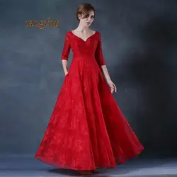 Красный Длинный мать невесты платье 2018 с кристаллами Кружева Линия Половина рукава открытой спиной Для женщин Вечеринка платья Формальные