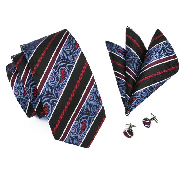 SN-499 черный, красный рыжие полосатый галстук, носовой платок, запонки наборы Для мужчин's 100% шелковые галстуки для Для мужчин формальный