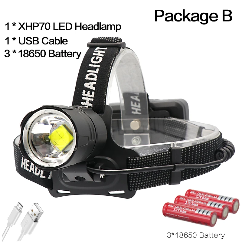 70000Lumen XHP-70.2 led Headlamp Fishing Camping xhp70 headlight Zoomable Torches With USB IN/OUT Use 3*18650 battery Flashlight - Испускаемый цвет: PackageB