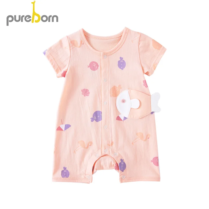 Pureborn Kids/цельный комбинезон с короткими рукавами; одежда для малышей; хлопковый короткий комбинезон для новорожденных; летняя одежда для маленьких мальчиков и девочек - Цвет: Pink