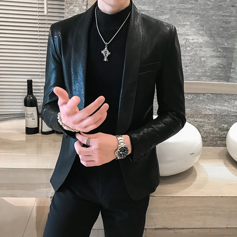 Korean Suit Coat Solid Black Slim Fit Blazer Hombre PU Leather Jacket Men One Button Business Casual Prom Blazers For Men