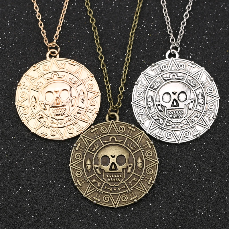 

Pirates Of The Caribbean Necklace Jack Sparrow Aztec Coin Medallion Vintage Gold Bronze Silver Pendant Johnny Depp Wholesale