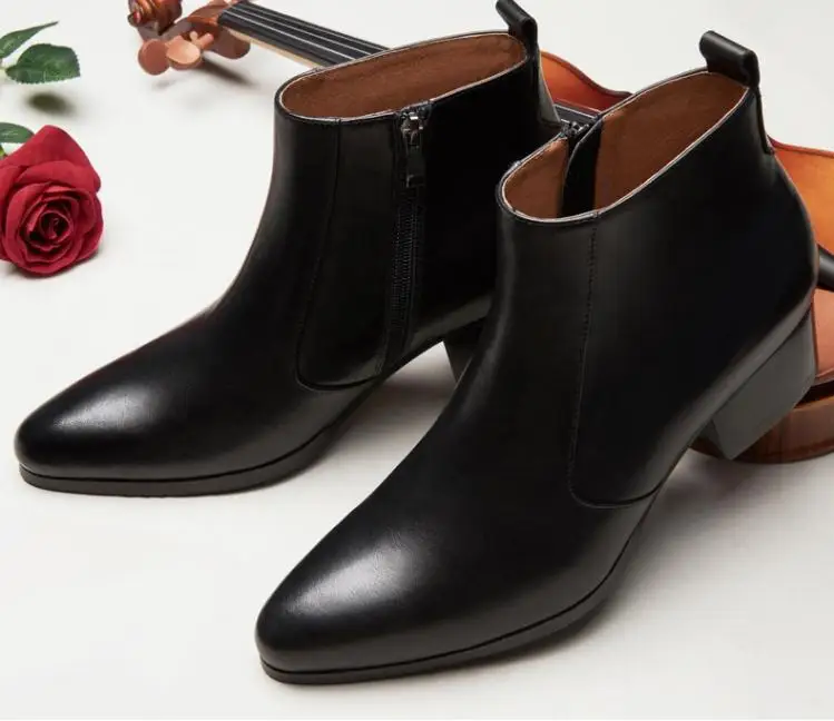 Autumn winter mens pointed toe genuine leather ankle boots men high heels quality wedding dress shoes career work boots botas 44