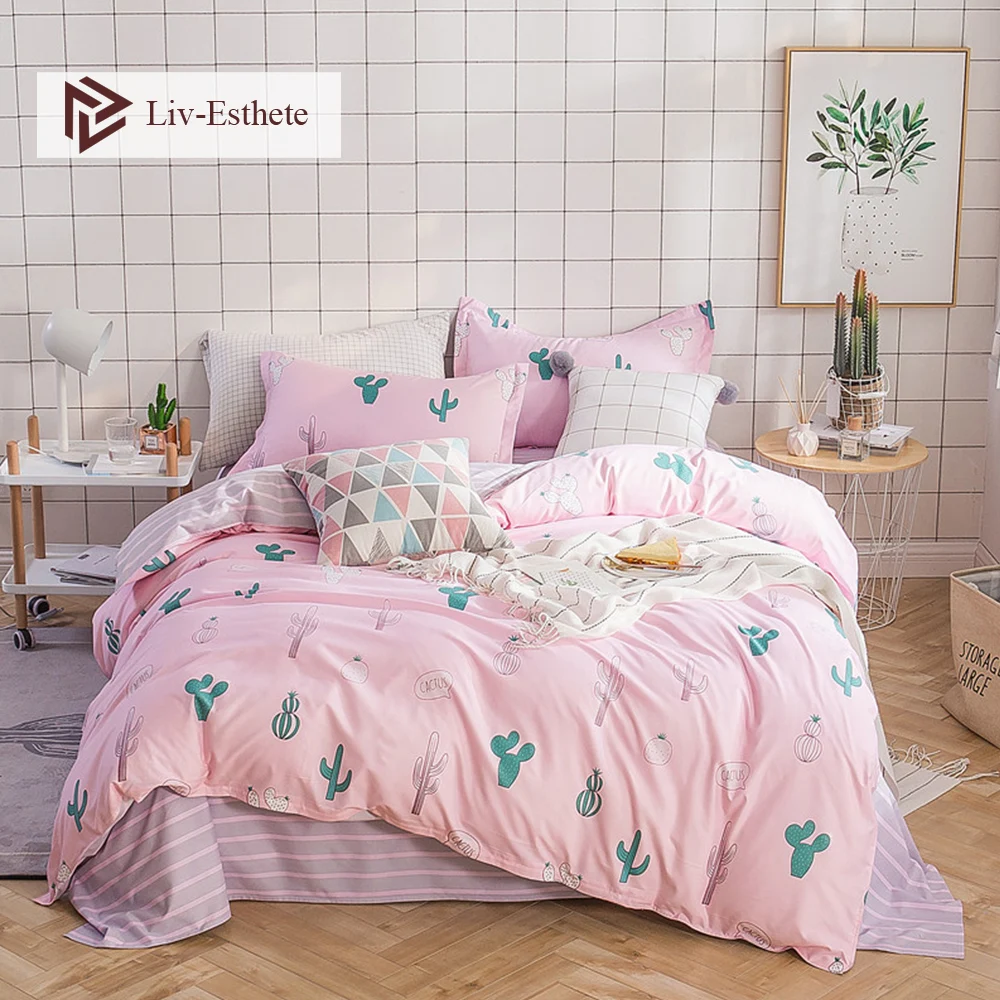 

Liv-Esthete Fashion Green Cactus Pink Bedding Set Double Queen King Duvet Cover Pillowcase Pink Flat Sheet Bed Linen For Adult