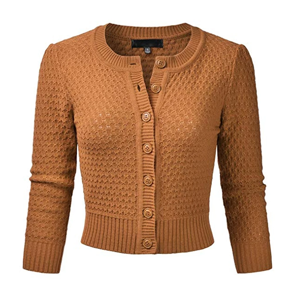 HEFLASHOR винтажный короткий вязаный свитер для женщин с круглым вырезом на пуговицах кардиган Mujer повседневные Осенние Топы Тонкий свитер пальто зимняя одежда - Цвет: Bronze