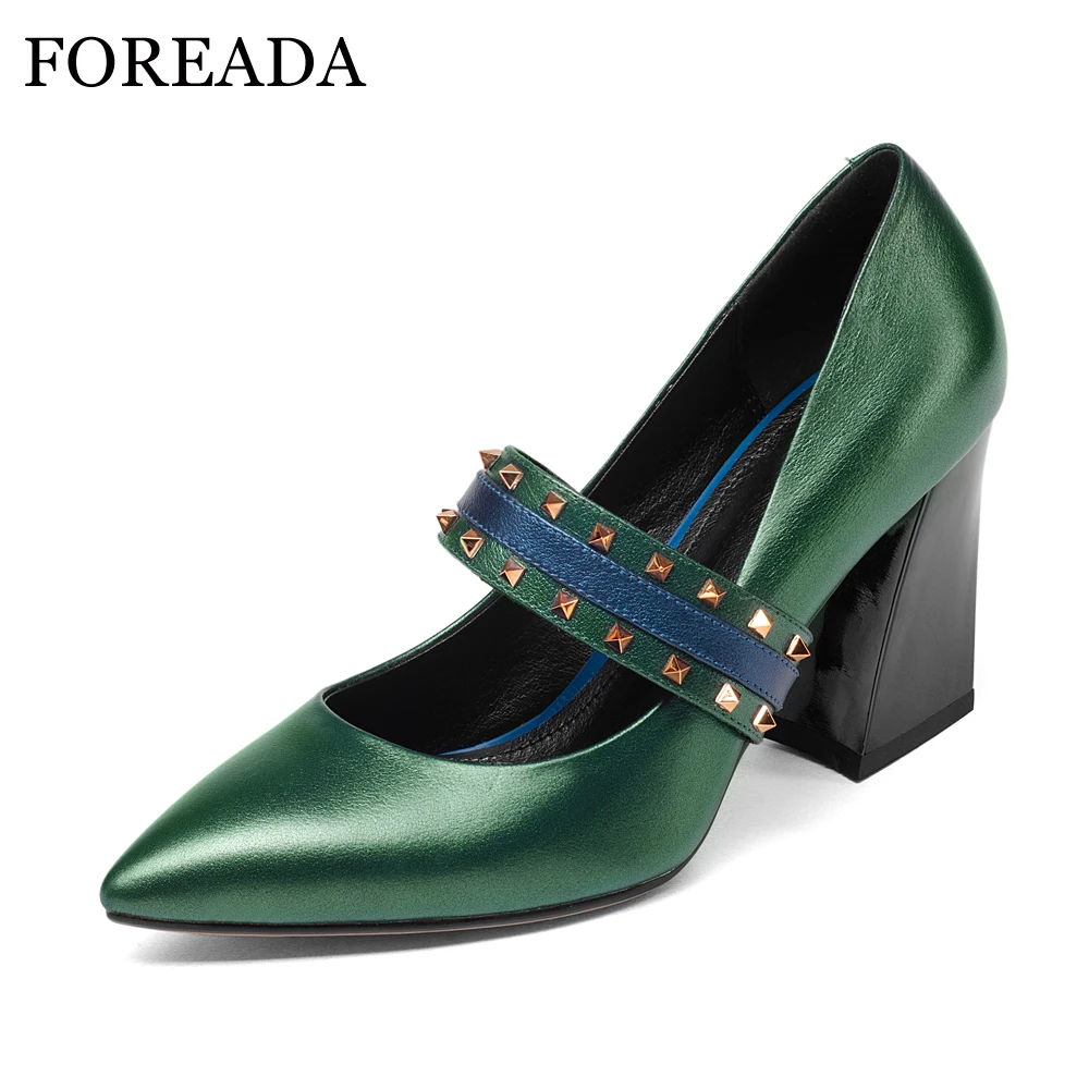 

FOREADA Real Leather Shoes Spring 2018 Women Pumps Party Shoes Strange High Heels Studded Pointed Toe Sexy Shoes Female Green