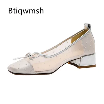 

2019 Sweet Mesh Chunky Heels Women Square Toe Butterfly Knot Slip On Shoes Woman Summer Dress Shoes