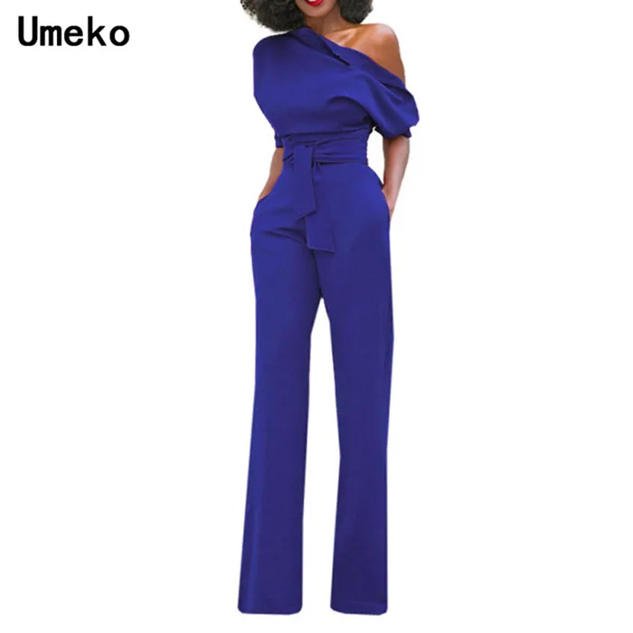Umeko/комбинезон на одно плечо с высокой талией для женщин; элегантный комбинезон для офисных леди; женские модные облегающие комбинезоны для женщин; Modis Femme - Цвет: Синий