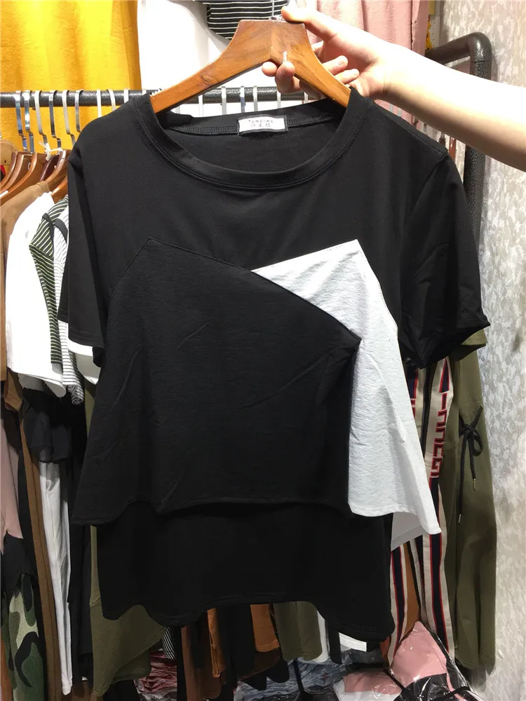 Летняя Корейская необычная комбинированная футболка с короткими рукавами, свободная повседневная футболка в стиле пэчворк, Повседневная футболка s