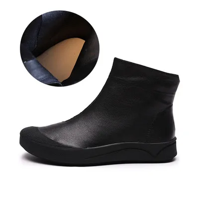GKTINOO/Модная женская обувь ручной работы; ботильоны из натуральной кожи; винтажная женская обувь на плоской подошве; ботинки с круглым носком на меху - Цвет: black leather lining