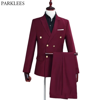 

Wine Red Double Breasted Tuxedo Suits With Pants Party Wedding Groom 2 Pieces Dress Suit Male Slim Fit Costume Homme Mariage