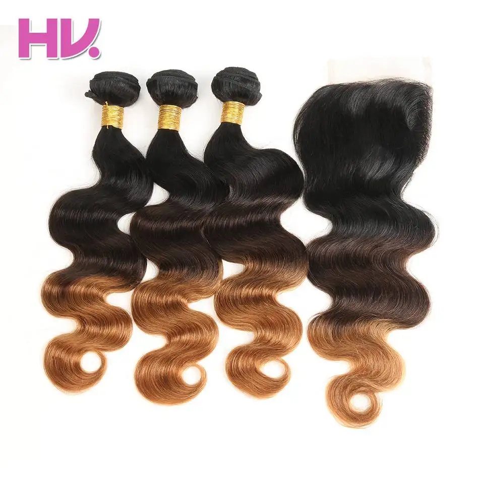 Hair Villa Pre-Colored Brazilian Hair Body Wave 4 Bundles With Closure #1B/4/30 Non-Remy Human Hair 4*4 Lace Closure brazilian-body-wave-hair-bundles