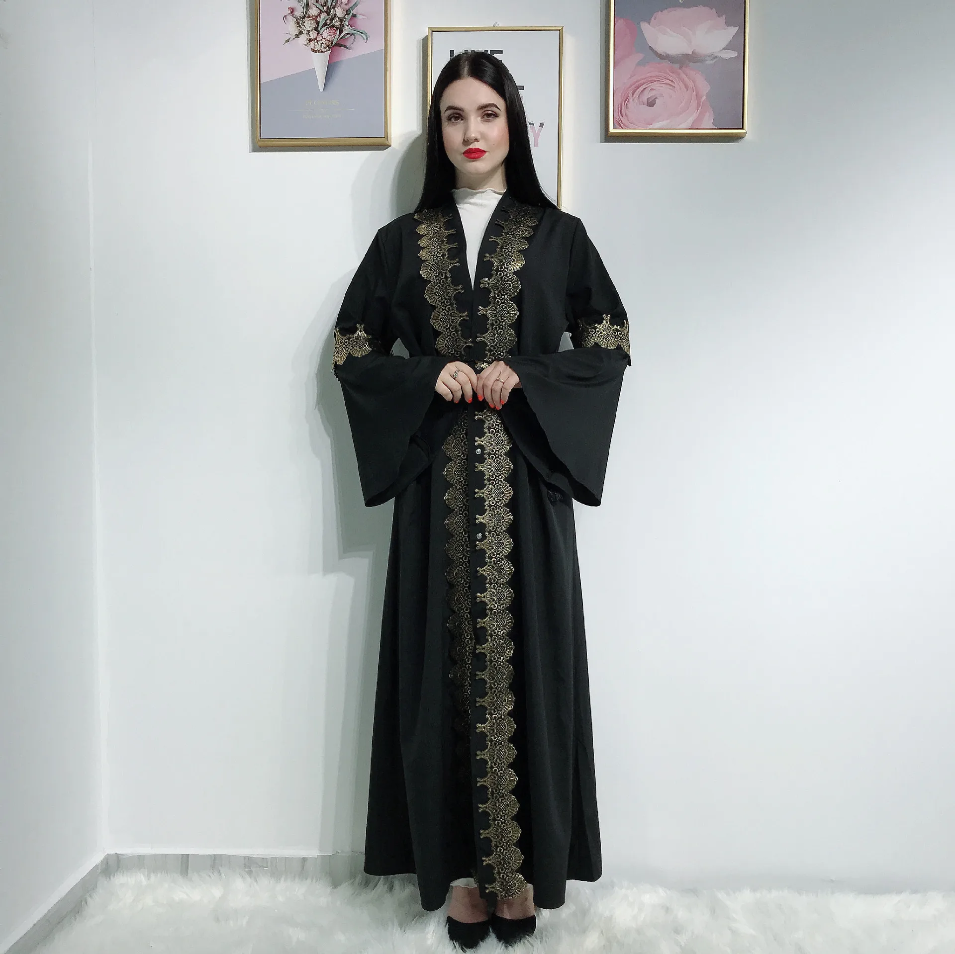 Переднее открытое черное кимоно абайя Дубай женский мусульманский халат кафтан Бангладеш Турция турецкий кардиган Болеро плюс размер Исламская одежда - Цвет: Abaya