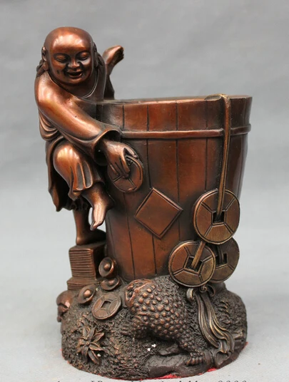 

wholesale factory Chinese Pure Bronze Wealth Toad Hoptoad Statue God Pencil Vase Brush Barrel Pot