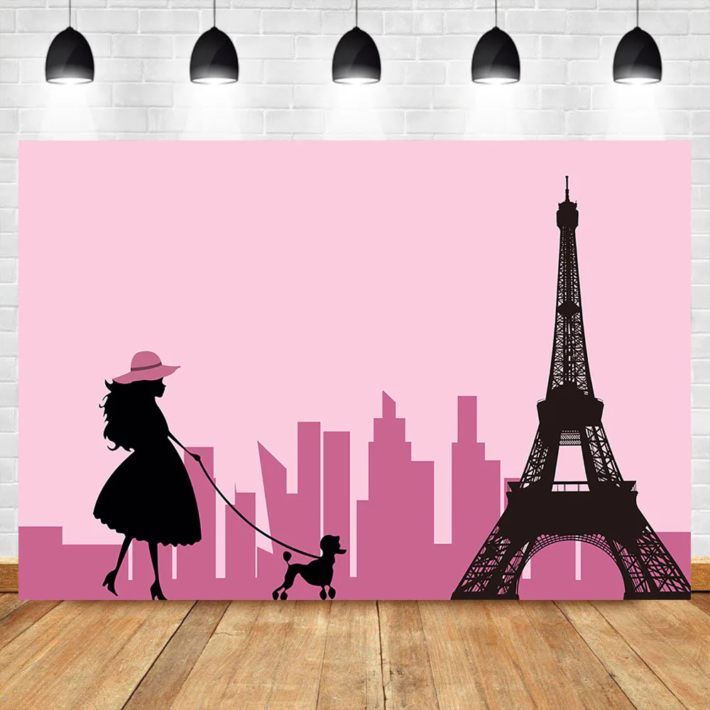 

Neoback Eiffel Tower Custom Birthday Party Backdrop City Building Pink Paris Lady Dog Photo Background Photophone