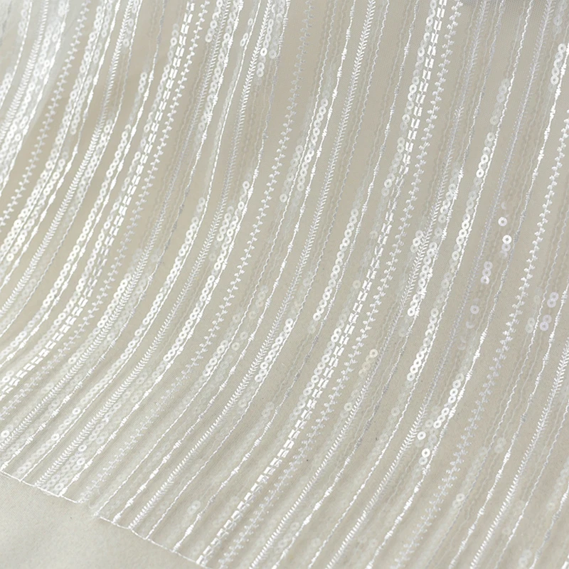

Width 130cm DIY Stripe Embroidery Sequin Fabric Sparkly Glitter Tulle for Wedding Party Banquet Stage Clothes Veil Dress Fabric