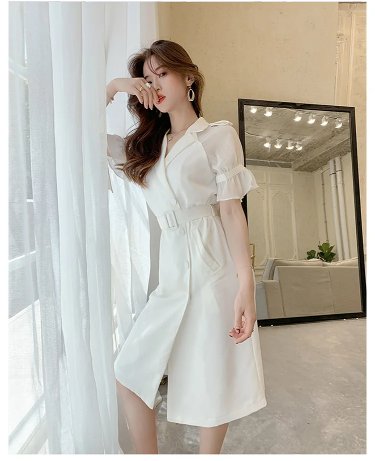 Female Hight Waist White Summer Dress Slim Elegant Office Women Trench Dresses for Work Wear Lapel Neck Party Dress