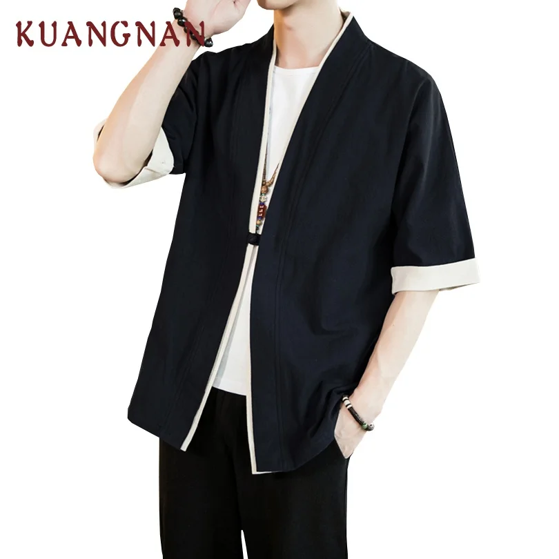 KUANGNAN, китайский стиль, мужская рубашка, половина рукава, одноцветная, повседневная, хлопок, уличная, мужская рубашка, кимоно, рубашка, Мужская одежда, новинка - Цвет: Black