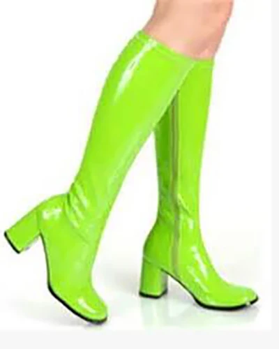 Высокие сапоги; женская обувь; кожаные блестящие сапоги до колена на квадратном каблуке; Цвет зеленый, красный; модная прозрачная обувь; женские осенние сапоги; большой размер 43