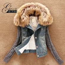 Золотая ручная винтажная зимняя женская тонкая джинсовая куртка с длинным вязанным рукавом, Корейская верхняя одежда, Женское пальто в стиле пэчворк с меховым воротником