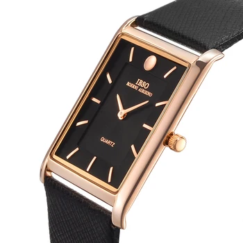 IBSO 7MM Ultra-thin Rectangle Dial Quartz Wristwatch Black Genuine Leather Strap Watch Men Classic Business Men Quartz Watches weide men s sport dress watches black dial waterproof quartz analog multiple time zone watches leather strap buckle wristwatch