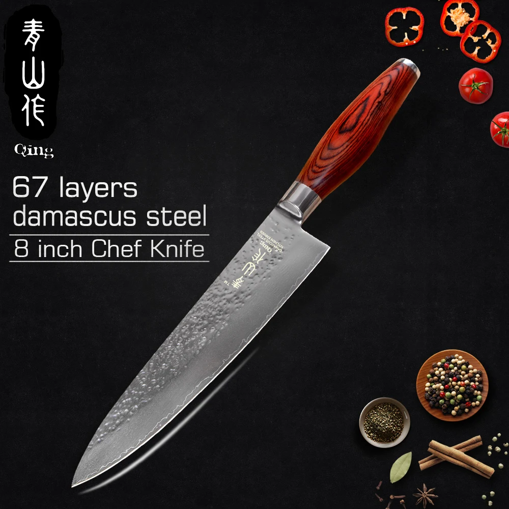 

QING Cooking Tool High Quality VG10 Damascus Knife 3.5" Paring 5" Utility 7" Chopping 8" Bread 8" Slicing 8" Chef Kitchen Knife