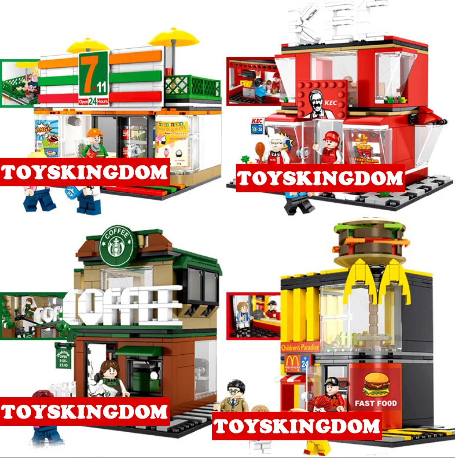 

City street view 24 hours Convenience Store mcdonal Fried chicken Starbuck Coffee shop building block figures bricks toys