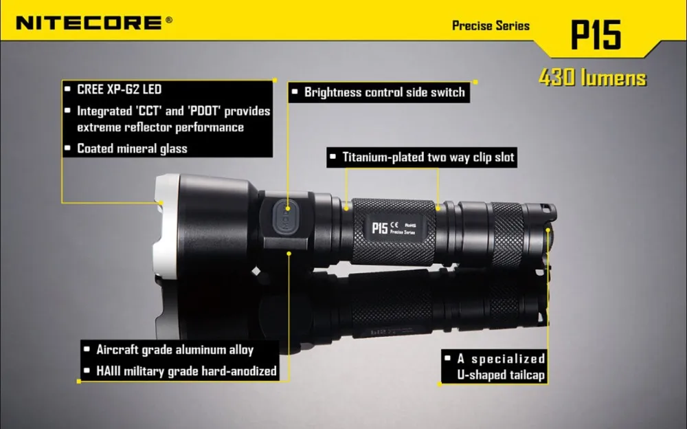 Nitecore P15 Cree XP-G2 (R5) 430 люмен тактический фонарик 18650 Батарея для самообороны