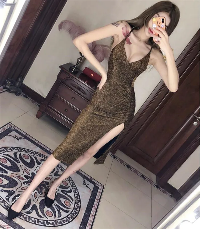 Сексуальное платье с перекрестной спинкой с высоким разрезом, блестящее Золотое Платье с разрезом