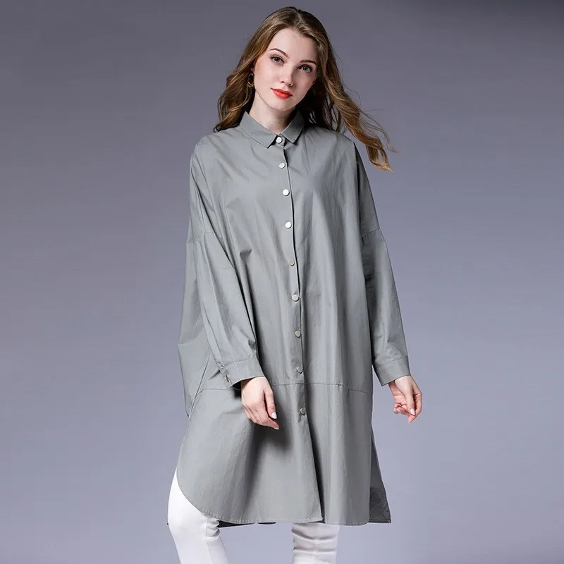 [EAM] Новинка, Весенняя рубашка с отворотом, длинным рукавом, с разрезом сзади, свободная, короткая, большого размера, женская блузка, модная, JL276 - Цвет: Green gray