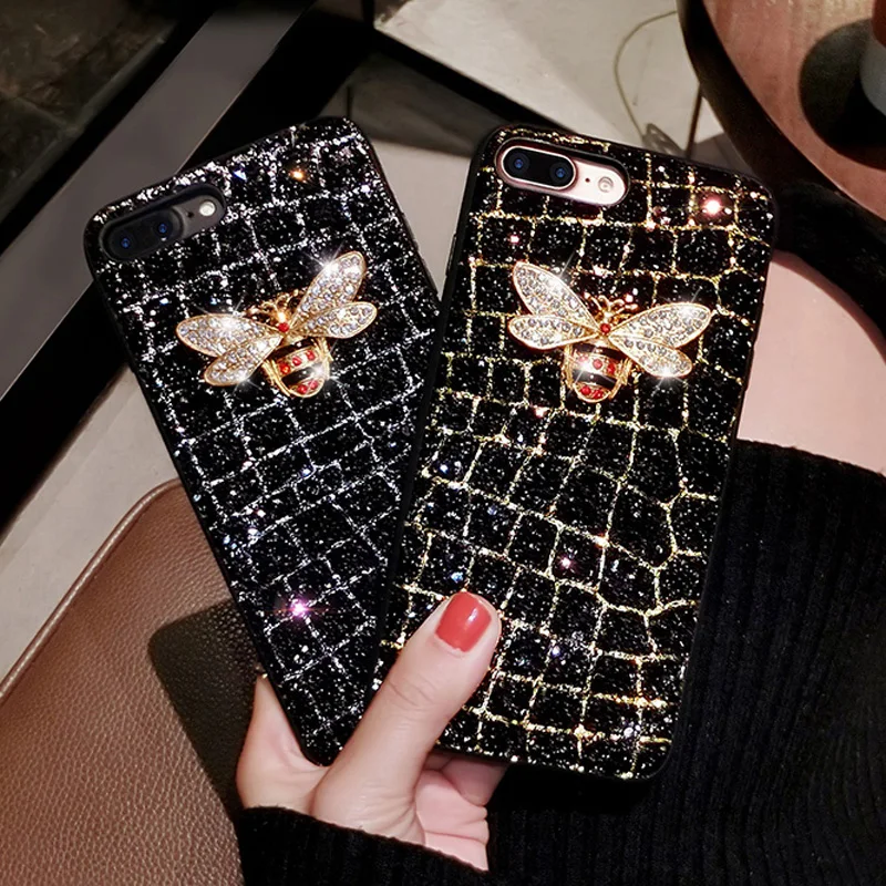 

For iPhoneX case Rhinestone Metal Bee Mobile Shell for iPhone 7 7plus 8 8plus TPU Soft Edge +PC Hard Back Cover for 6 6S plus