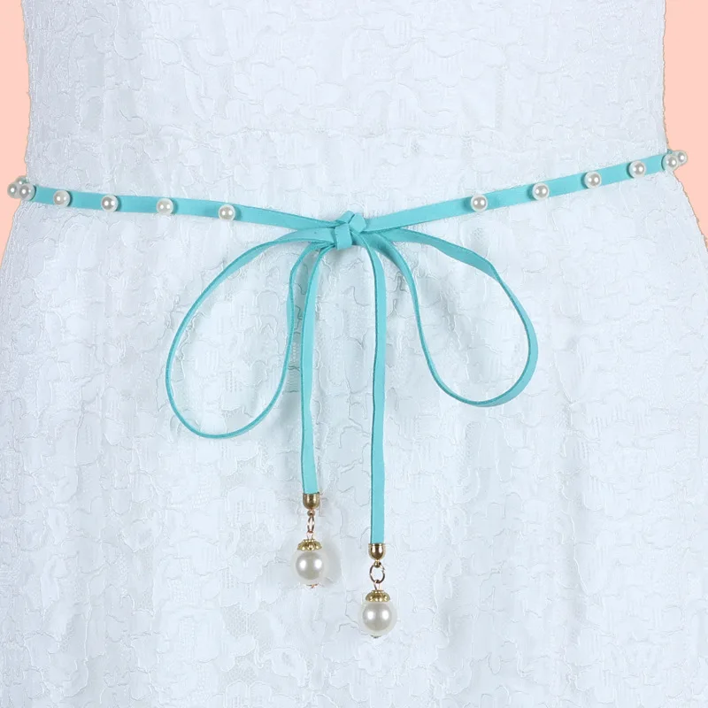 2017 Women Dress Belt candy color Pearl Thin Belts Vintage Female Pearl Strap Belt for Women