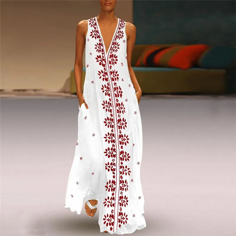 

Women Floral Print Dress 2019 Vintage Sexy V Neck Sleeveless Maxi Long Party Vestido Casual Summer Beach White Dresses plus size